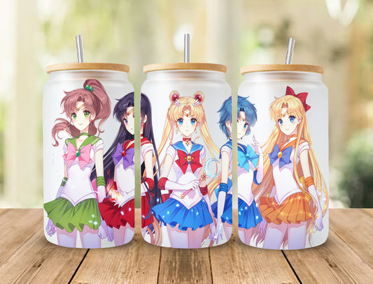 Anime Sailor Girls Tumbler Wrap, Libbey 16ozGlass Can Design, Anime Tumbler - Sublimation Design Digital Download - PNG Active 2