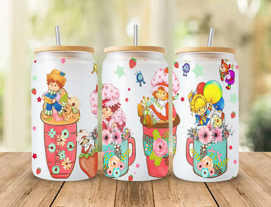 Cartoon 80s Glass Can, 80s cartoons png, rainbow girl floral Libbey Glass Can 16oz, rainbow brite Glass Can Png, Retro 80s cartoons wrap - VartDigitals