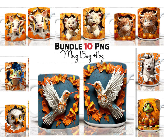 10 PNG 3D Animals Mug Wrap Bundle, 3D Floral Mug Wrap Sublimation Designs PNG 11oz & 15oz Coffee Cup Template, Cute Animal Mug Press Design - VartDigitals