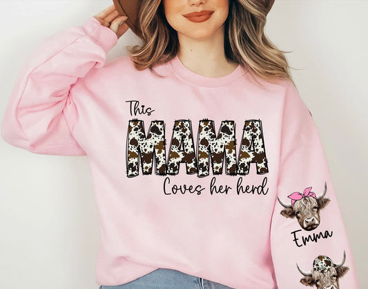 This MAMA wears her herds on her sleeve PNG, Custom Mama valentines day png, Cowhide Mama with highland cows, Valentine Mama png - VartDigitals