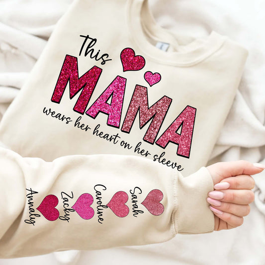 Custom This Mama Wears Her Heart On Her Sleeve, Personalized Valentine, Add Your Own Names, Valentine's Day Png, Pink Glitter Mama Valentine - VartDigitals